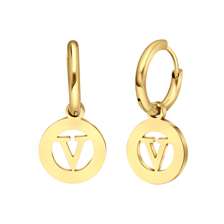 Stalen goldplated oorbellen met letter - V