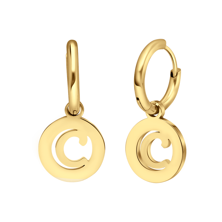 Stalen goldplated oorringen met letterhanger C voor dames
