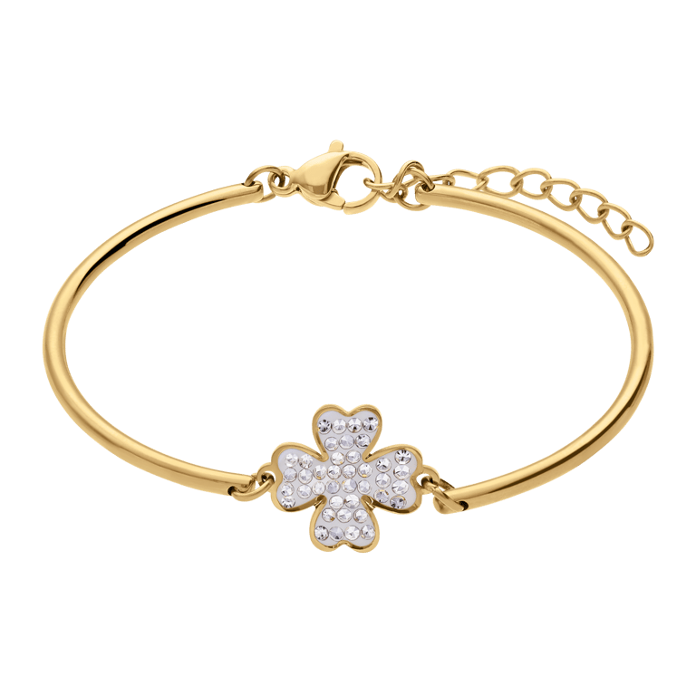 Stalen goldplated fantasiearmband met hanger klaver met kristal voor dames
