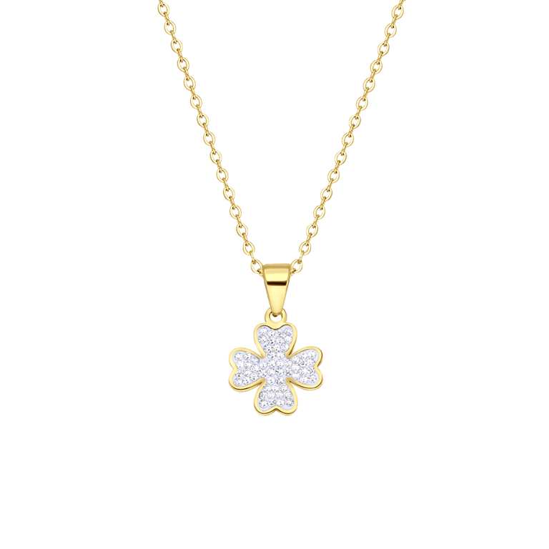 Stalen goldplated ketting met hanger klaver met kristal voor dames