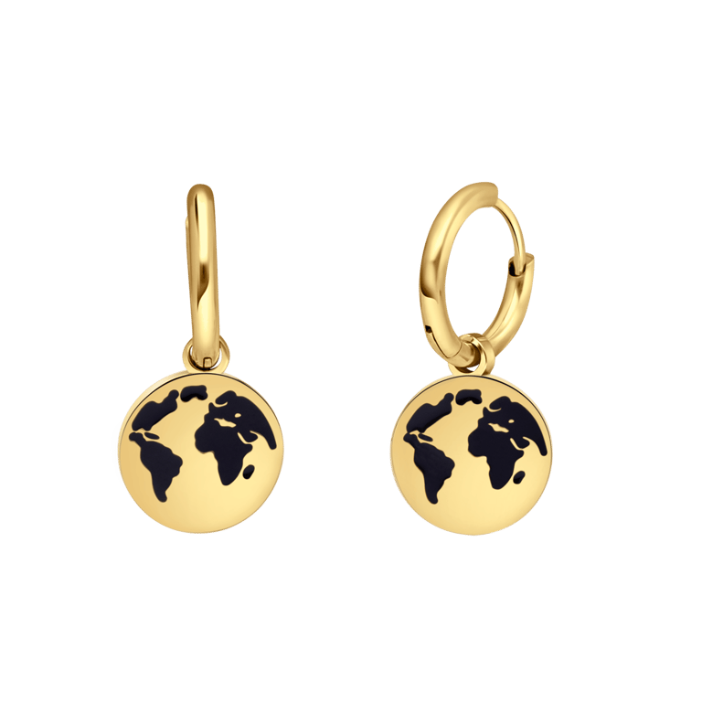 Stalen goldplated oorringen met hanger met wereldbol voor dames