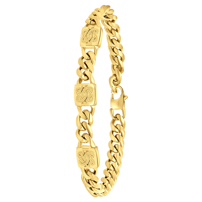 Stalen goldplated herenschakelarmband surinaamse mattenklopper