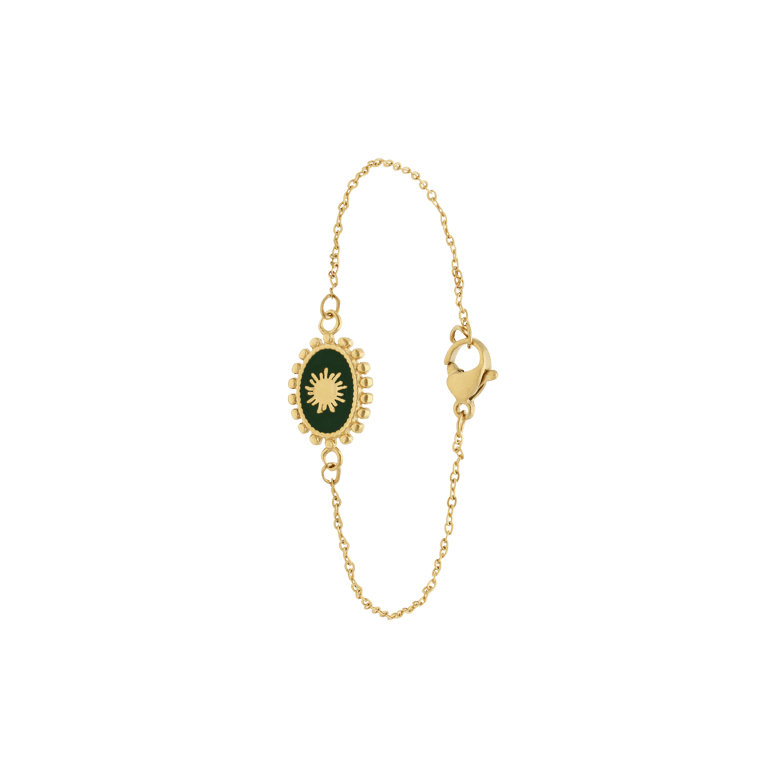 Stainless steel goldplated armband met groene ovale munt