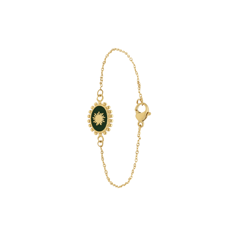 Stalen goldplated fantasiearmband met hanger met groene ovale munt voor dames