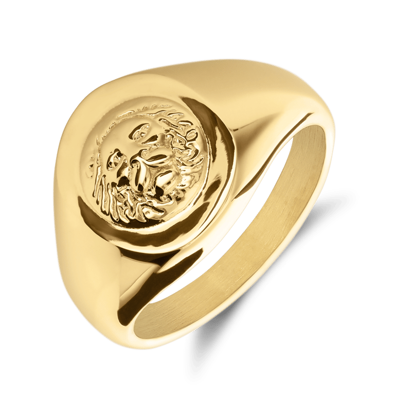 Gerecycleerd stainless steel goldplated ring met leeuw