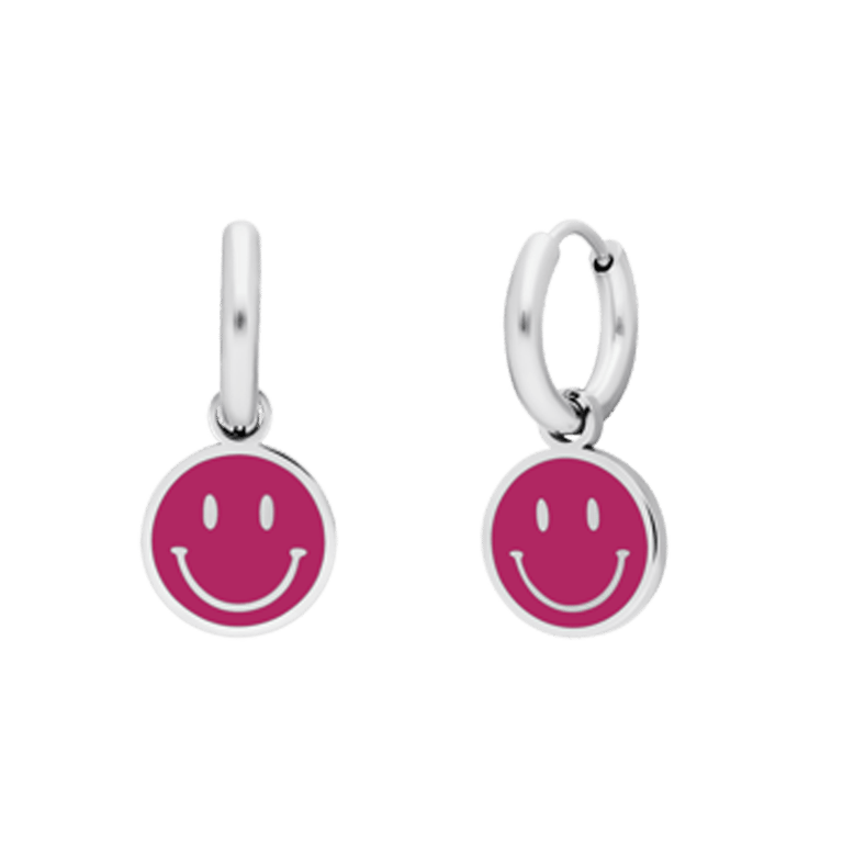 Stalen oorbellen met smiley fuchsia