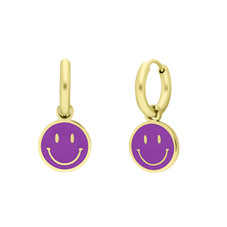 Stalen goldplated oorbellen met smiley violet