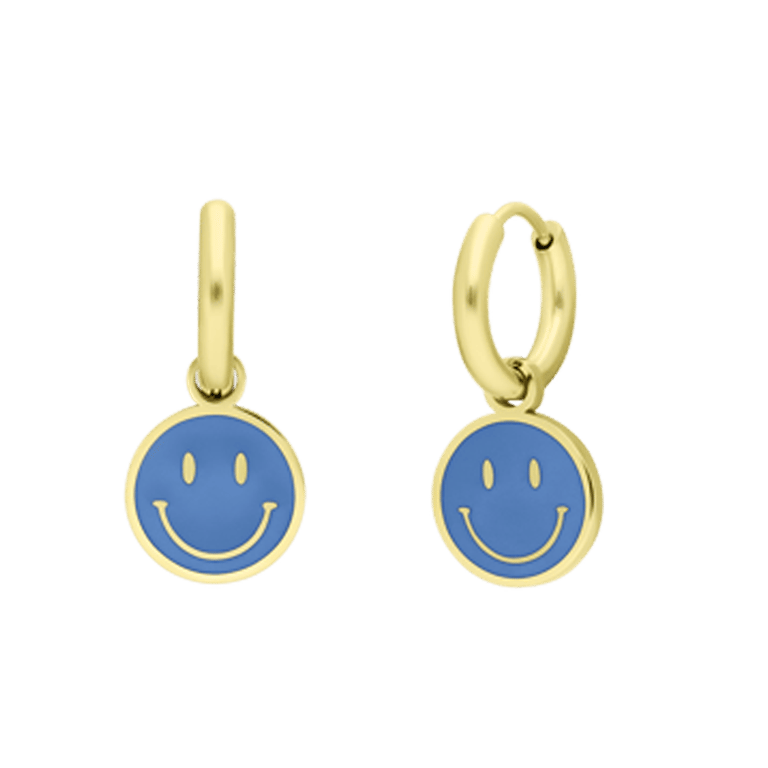 Little Miss Fabulous stainless steel goldplated oorbellen met smiley lichtblauw