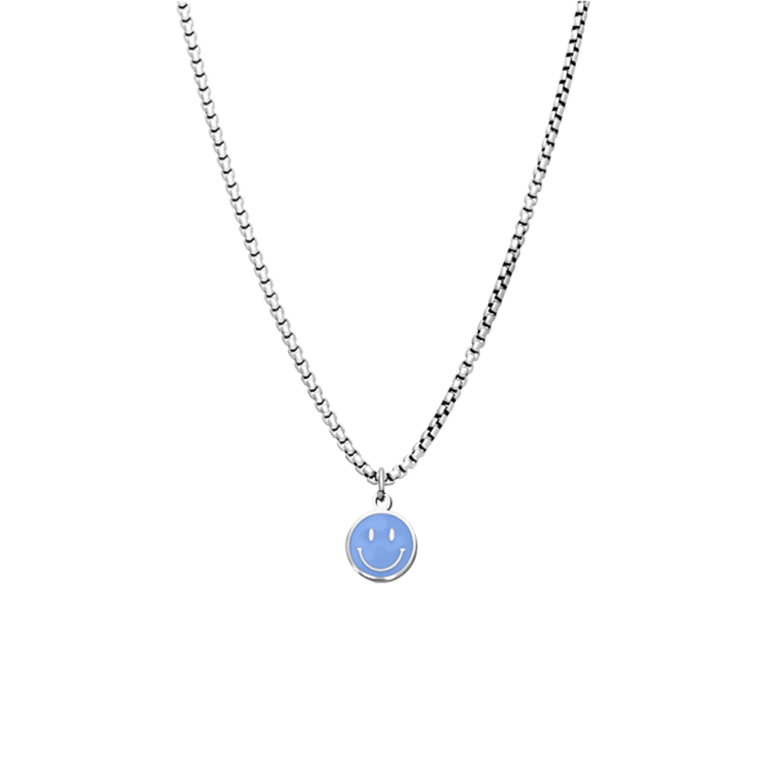 Stalen ketting met smiley licht blauw