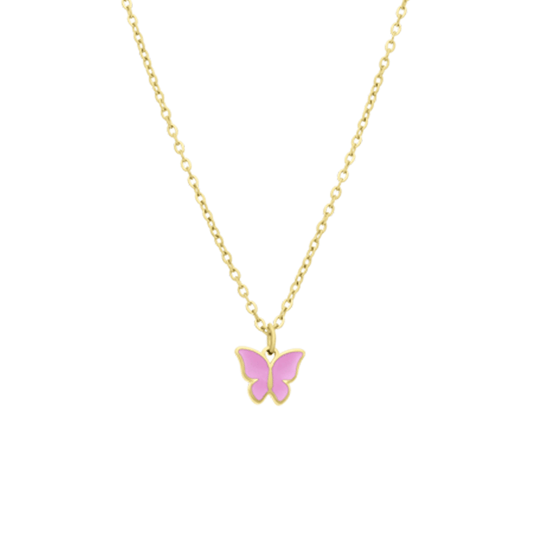 Stalen goldplated ketting met vlinder roze