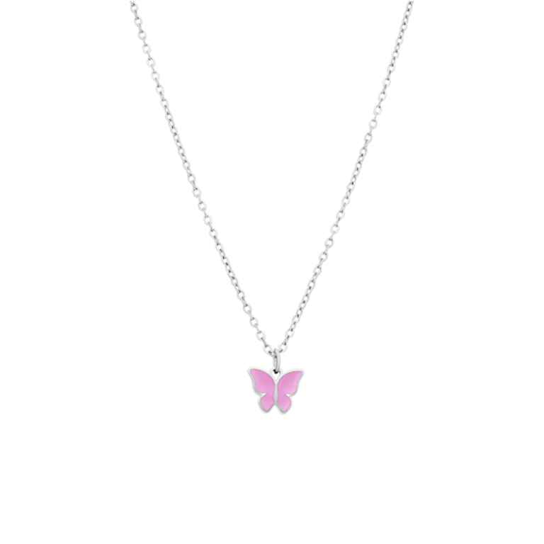 Stalen ketting met vlinder roze