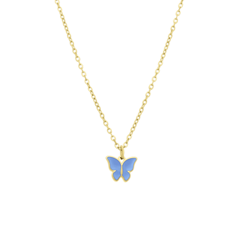 Stalen goldplated ketting met vlinder lichtblauw