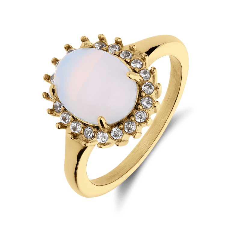 Stainless steel goldplated vintage ring met bloem opaal