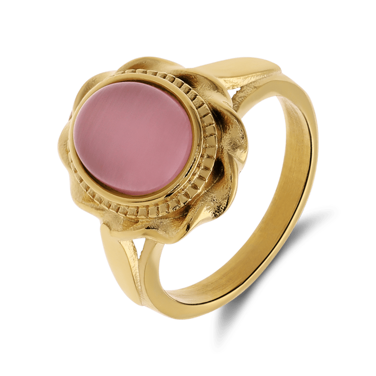 Vergoldeter Vintage-Edelstahlring mit rosafarbenem Stein in Blütenform