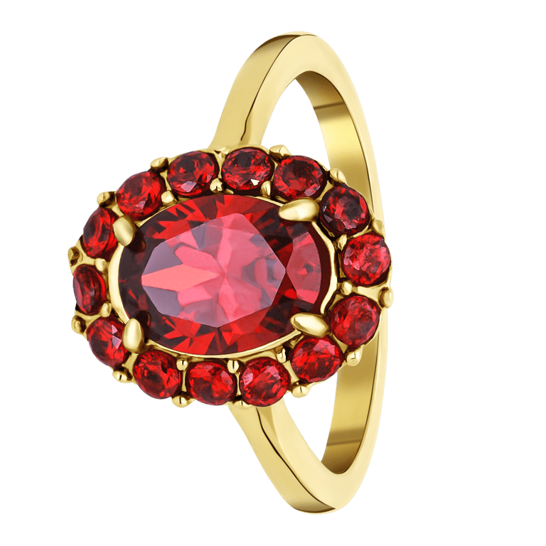 Stalen goldplated vintage ring met bloem rode zirkonia