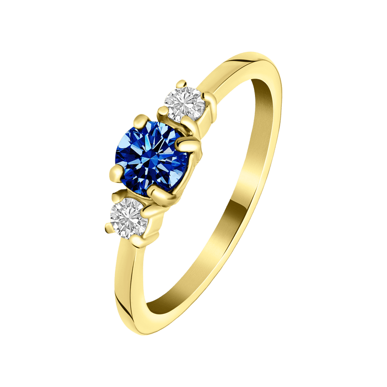 Stalen goldplated vintage ring met blauwe zirkonia