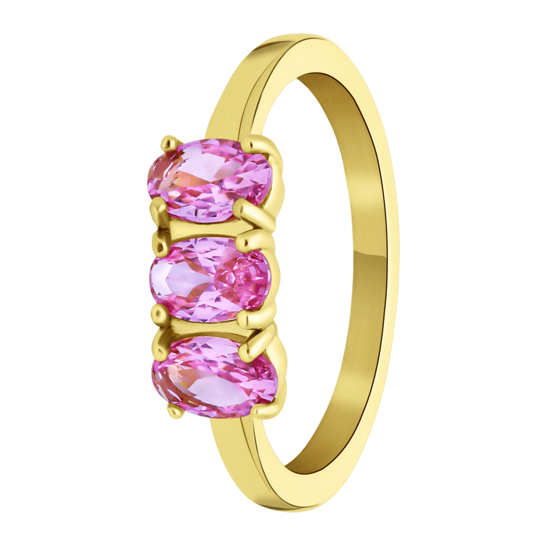 Stalen goldplated vintage ring met drie roze zirkonia
