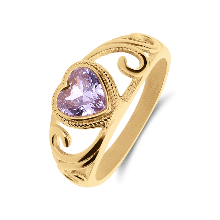 Stalen goldplated vintage ring met paars hart