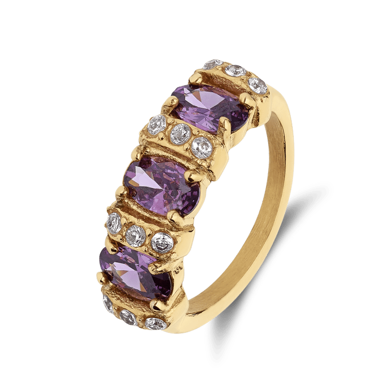 Stainless steel goldplated vintage ring met rode en witte zirkonia