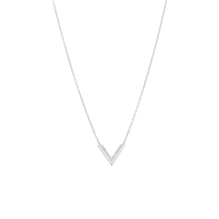 Zilveren ketting rhodiumplated V met zirkonia