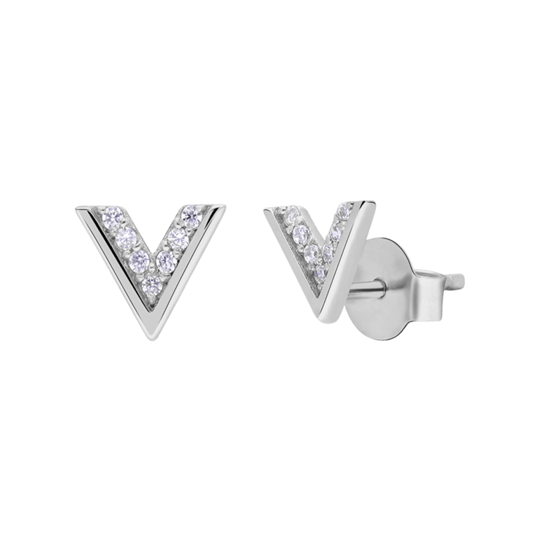 Silberne Ohrstecker rhodiniert V-Design mit Zirkonia
