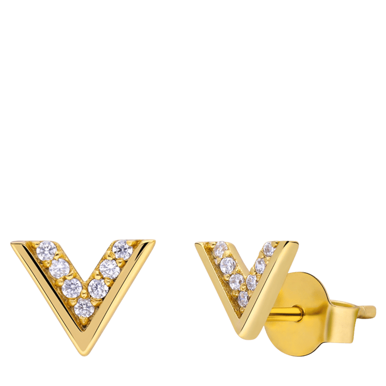 Silberne Ohrstecker goldplattiert V-Design mit Zirkonia