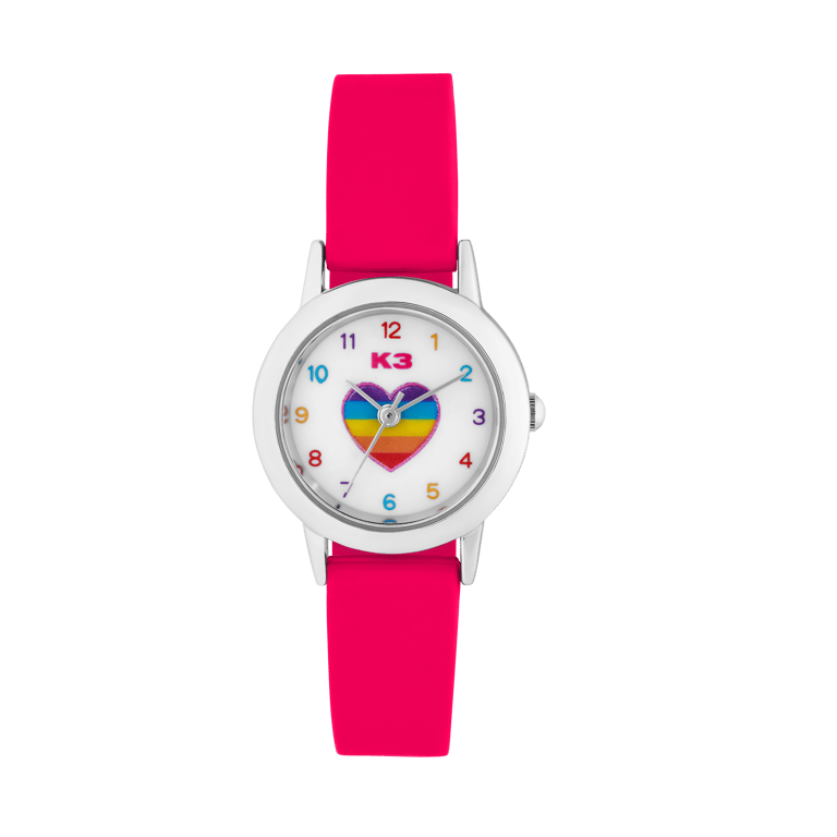 K3 Kinder-Armbanduhr Herz mit Kautschuk-Armband pink