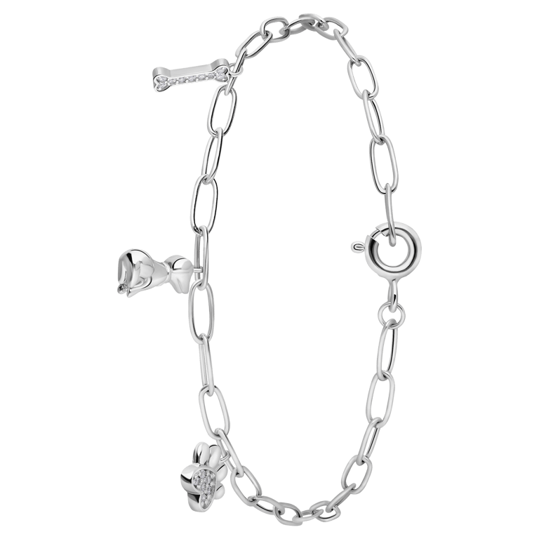 Silbernes Kinder-Armband mit Charm-Anhängern Hundepfote, Hund und Knochen