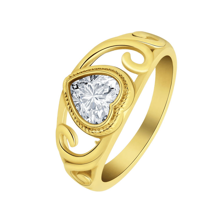 Vergoldeter Vintage-Edelstahlring mit weißem Stein in Herzform