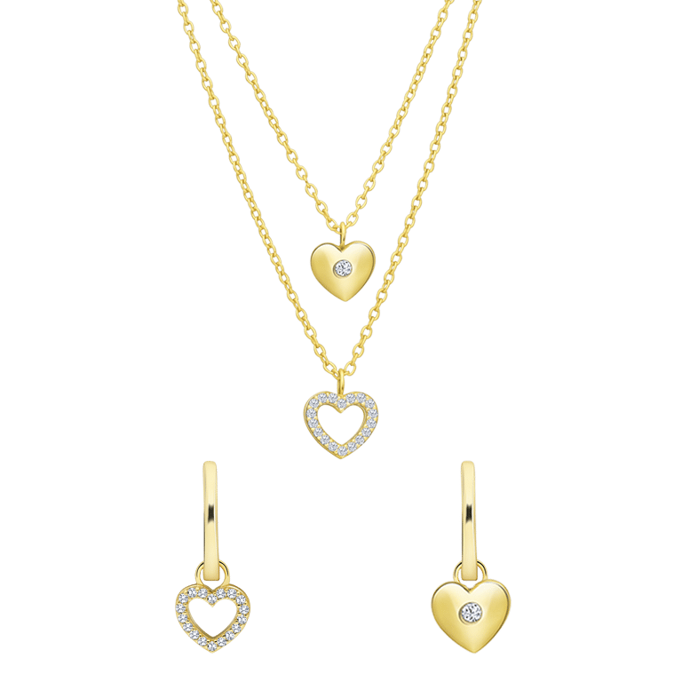Zilveren goldplated sieradenset hart met zirkonia voor dames