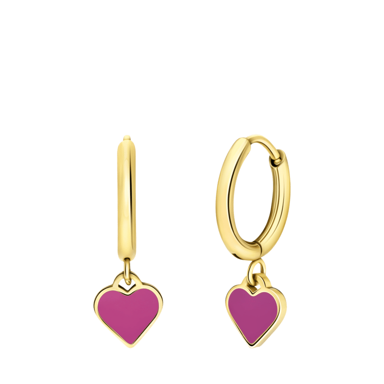 Stalen goldplated oorringen met hart emaille fuchsia