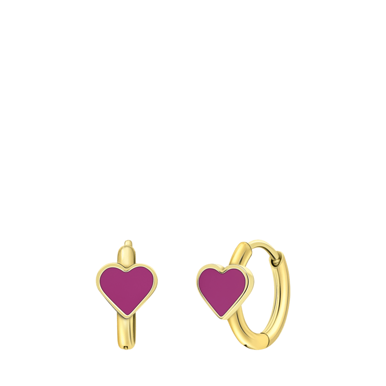 Stalen goldplated kinderoorringen met hanger hart met emaille fuchsia