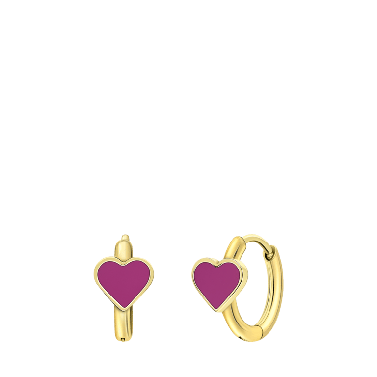 Stalen goldplated oorringen met hart emaille fuchsia