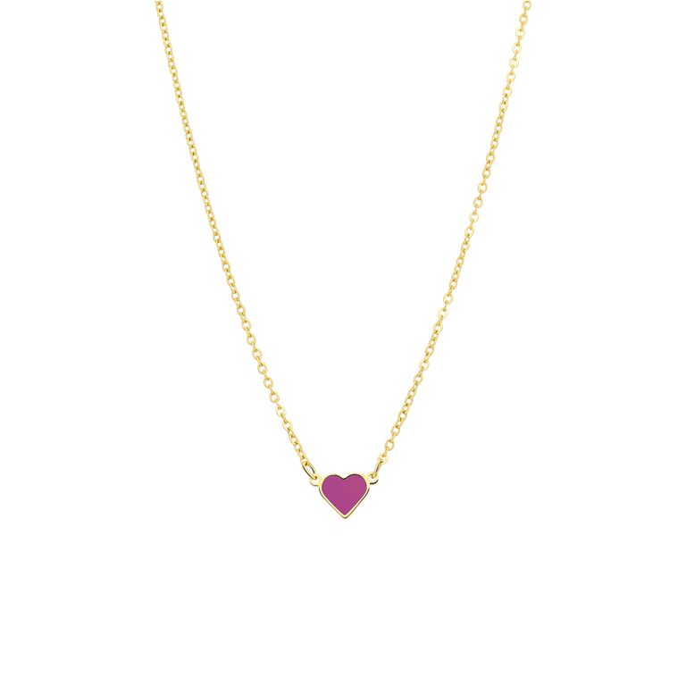 Stalen goldplated kinderketting met hanger hart met emaille fuchsia