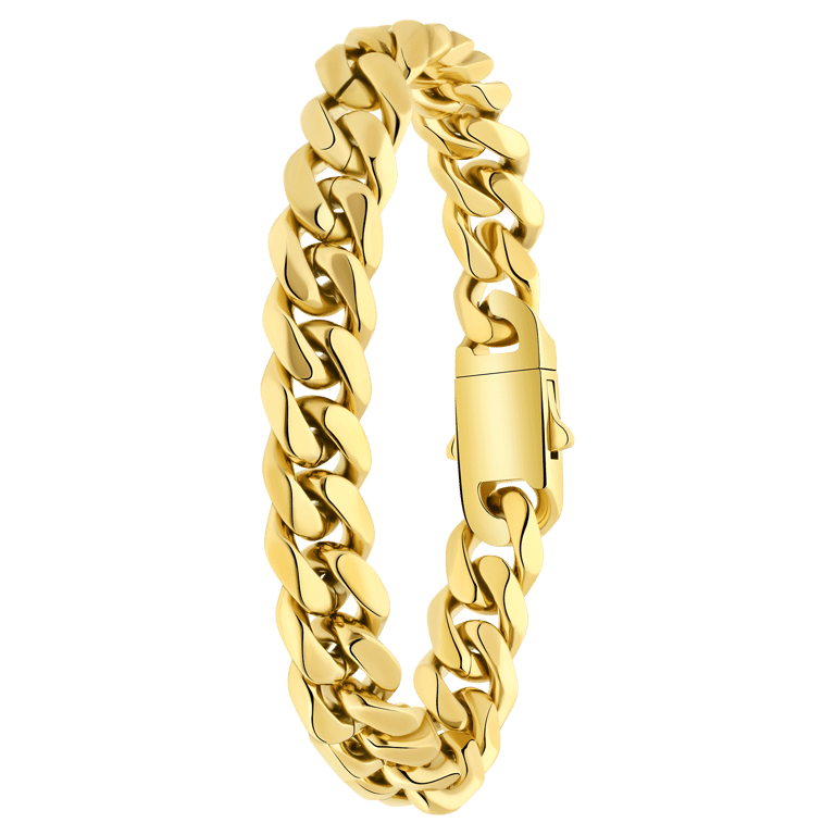 Stalen goldplated herenschakelarmband met zirkonia