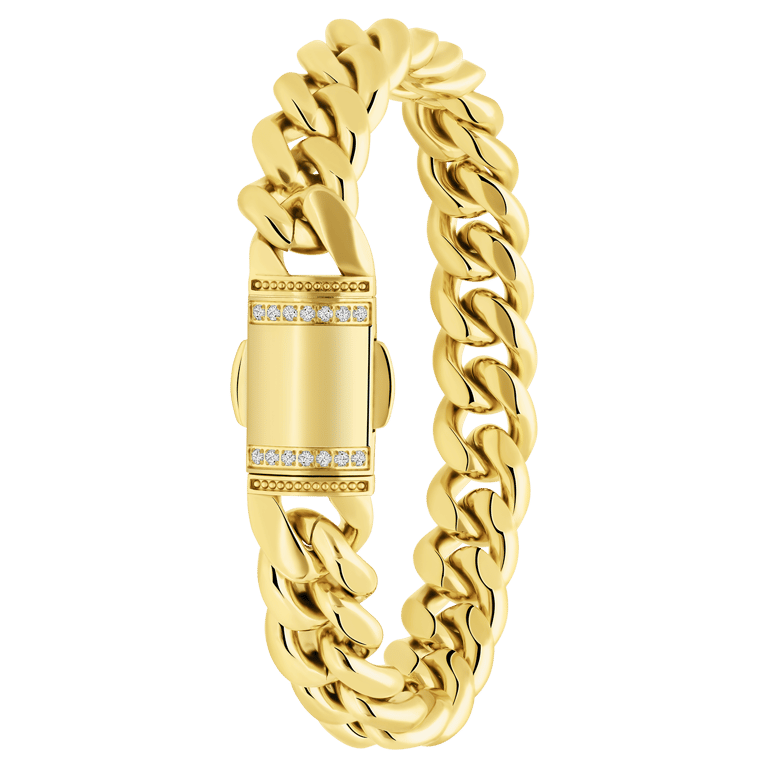 Stalen goldplated herenschakelarmband met zirkonia