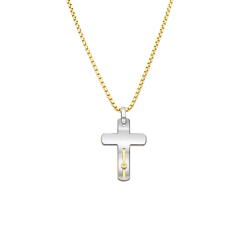 Stalen goldplated herenketting met hanger kruis met zirkonia