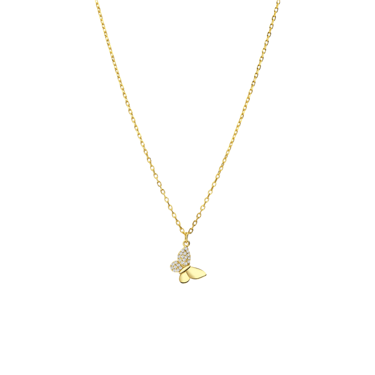Zilveren goldplated ketting met hanger vlinder met zirkonia voor dames