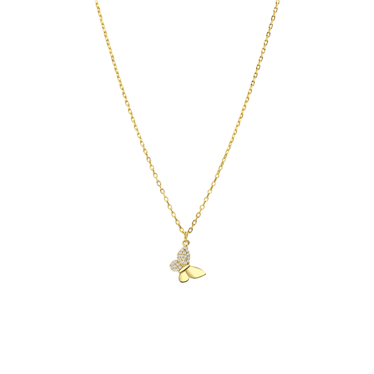 Zilveren goldplated ketting met hanger vlinder zirkonia