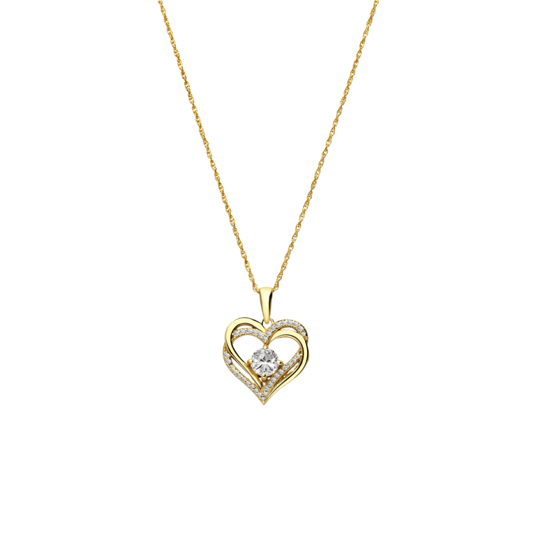 Zilveren goldplated ketting met hanger dubbel hart zirkonia