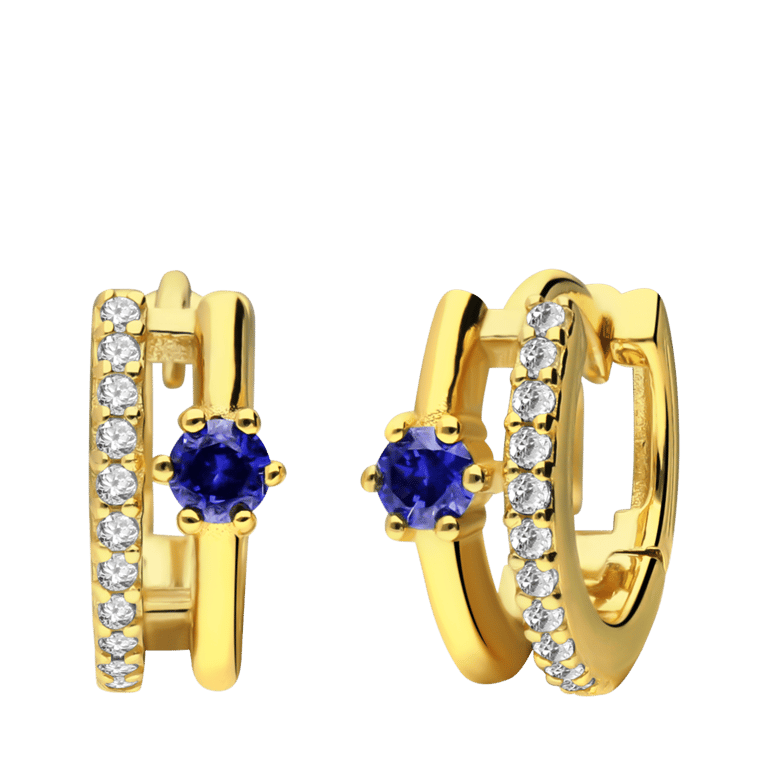 Zilveren goldplated oorringen blauw/wit zirkonia