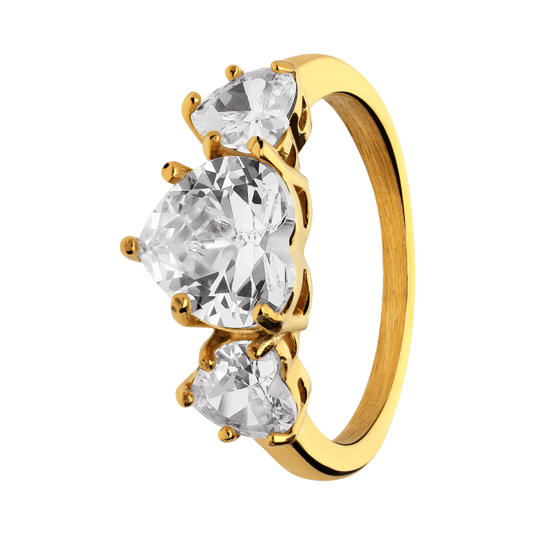 Vergoldeter Vintage-Edelstahlring mit 3 weißen Herzen