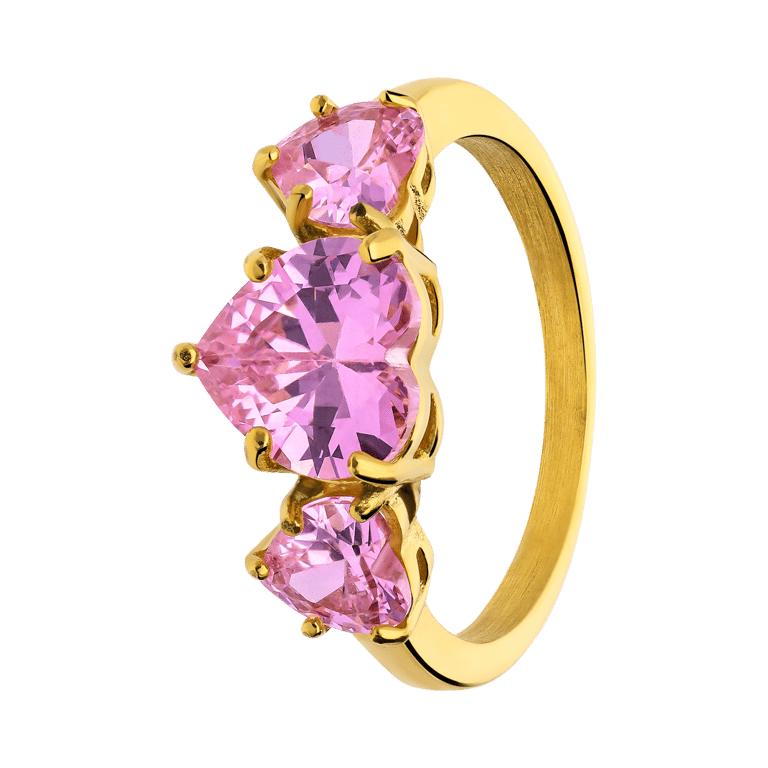 Stalen goldplated vintage ring met 3 roze harten
