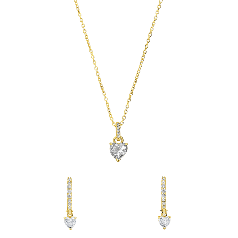 Zilveren goldplated sieradenset ketting en oorringen hart zirkonia