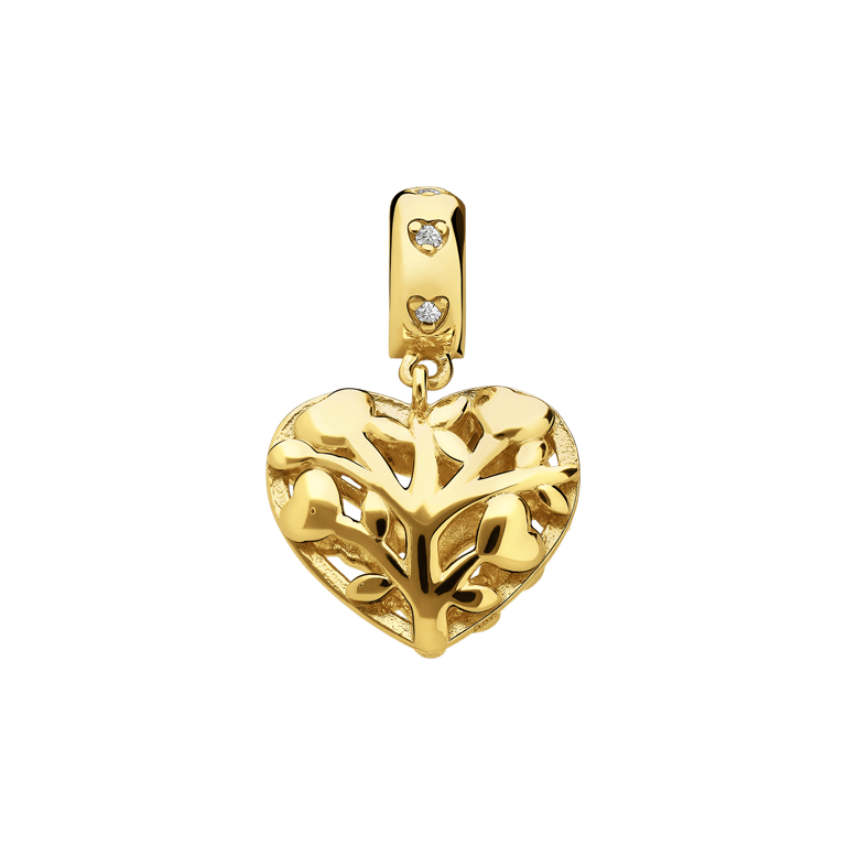 Zilveren goldplated bedel levenboom in de vorm van een hart