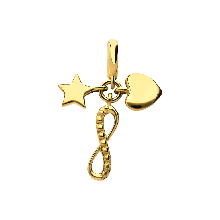 Zilveren goldplated bedel hart, ster en infinity