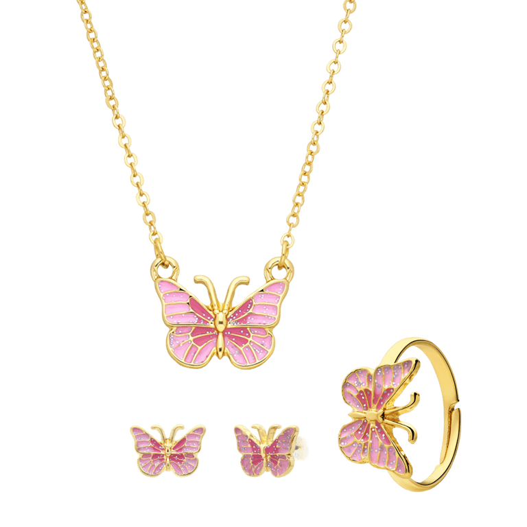 Goudkleurige bijoux set met roze vlinder