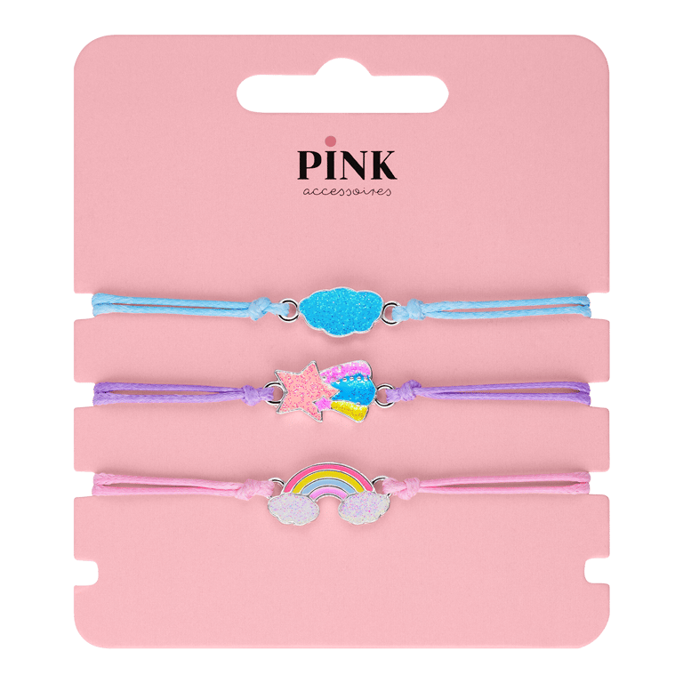 Bijoux zilverkleurige kinderkoordarmbanden set wolk, ster en regenboog