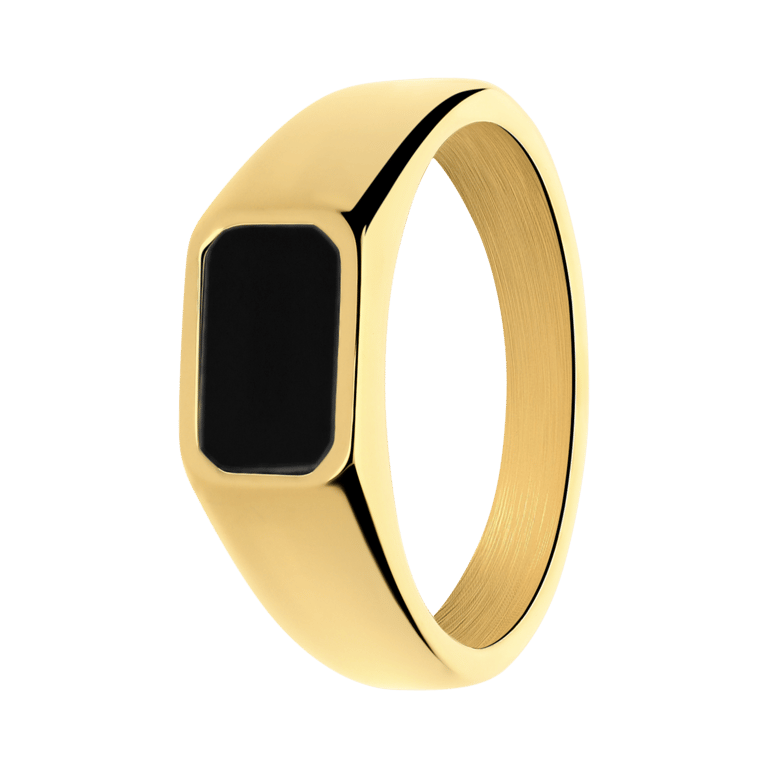 Stainless steel goldplated ring met zwart agaat