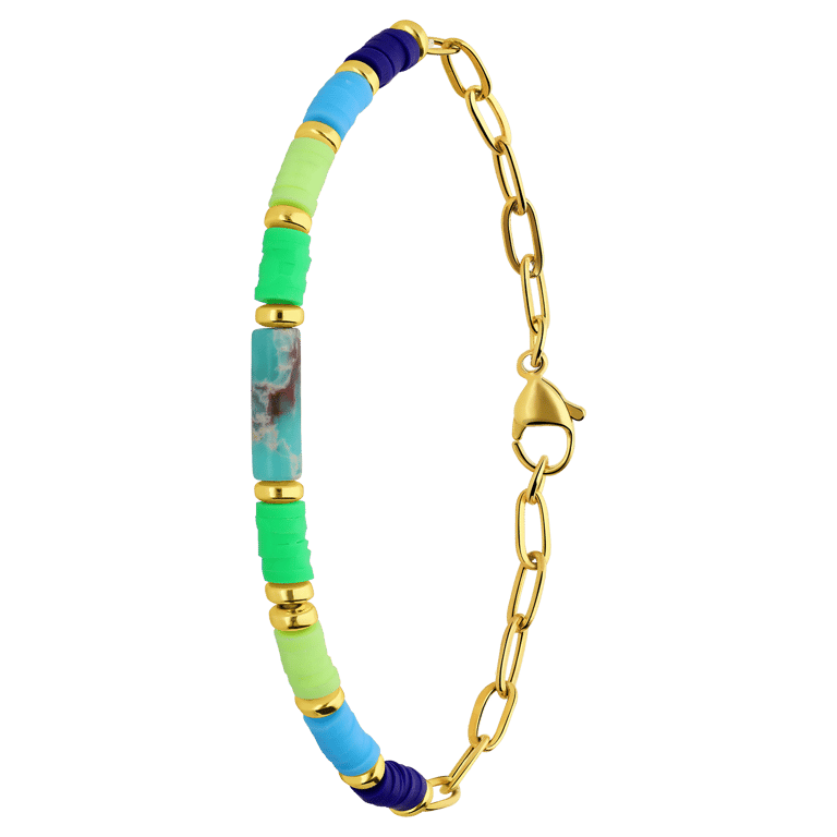 Stalen goldplated armband met groene kralen